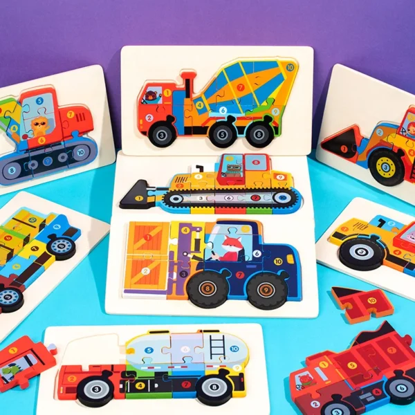Children Montessori Wooden Puzzle Baby 3D Engineering Vehicle Jigsaw Early Education Matching Cognitive Puzzles Toys for Kids